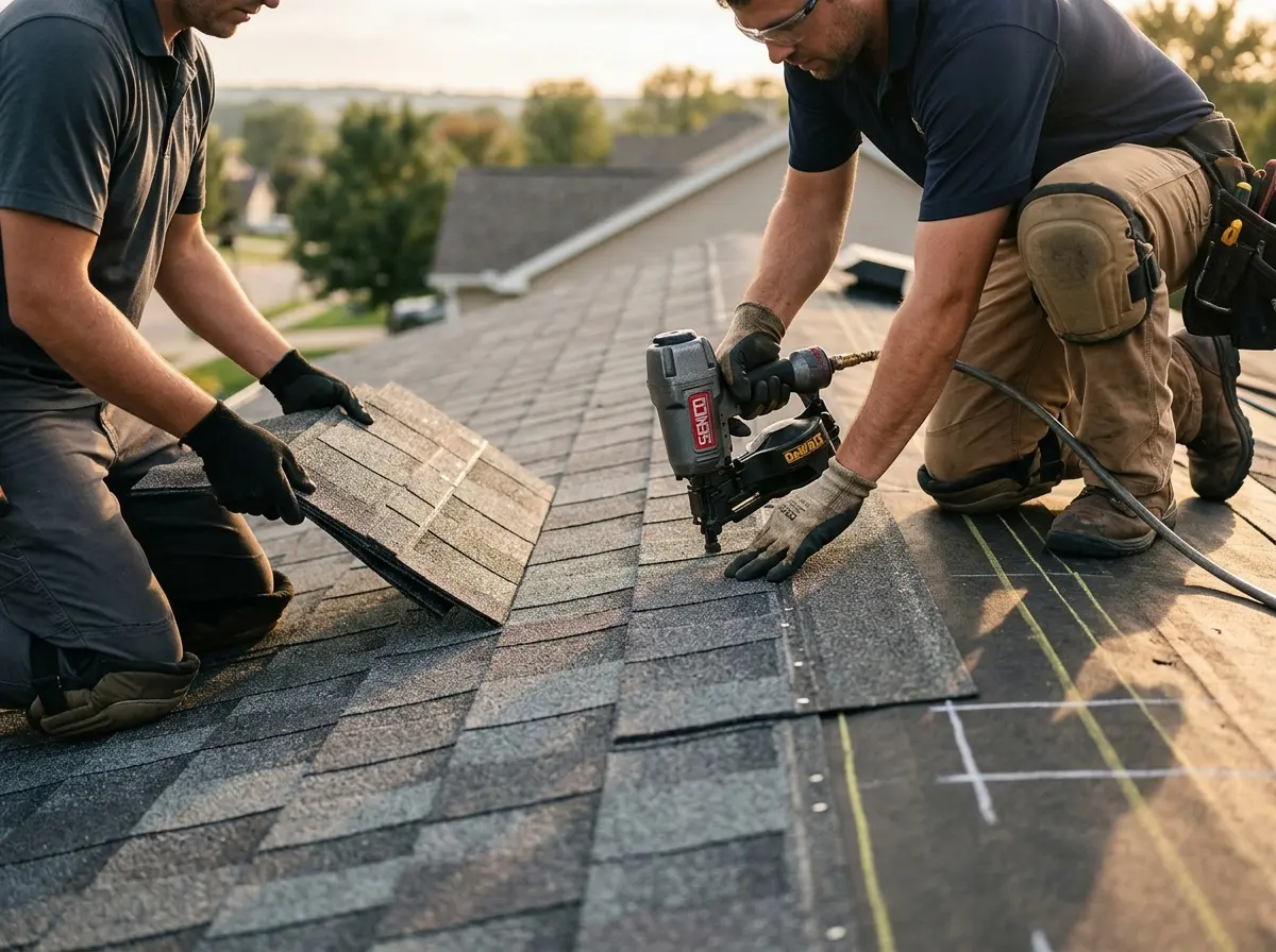 Professional roofer working on a residential roof in Westville